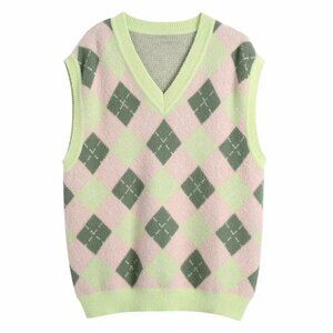 Zara Argyle Knit Sweater Vest Pink Green Lime V-Neck Preppy Cottagecore Size Sma